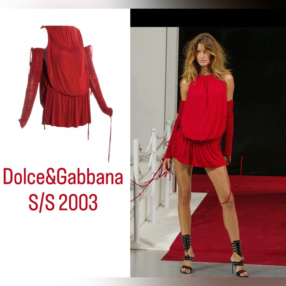 DOLCE&GABBANA Vintage S/S 2003 Red Ruched Drawstring Detach Arms Mini Dress 36